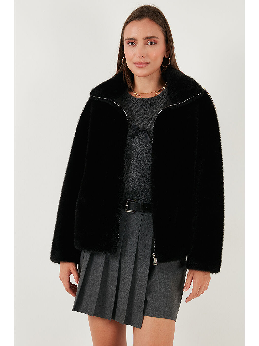 Siyah Oversize Fit Dik Yaka Fermuarlı Kürk 497ZETA-3