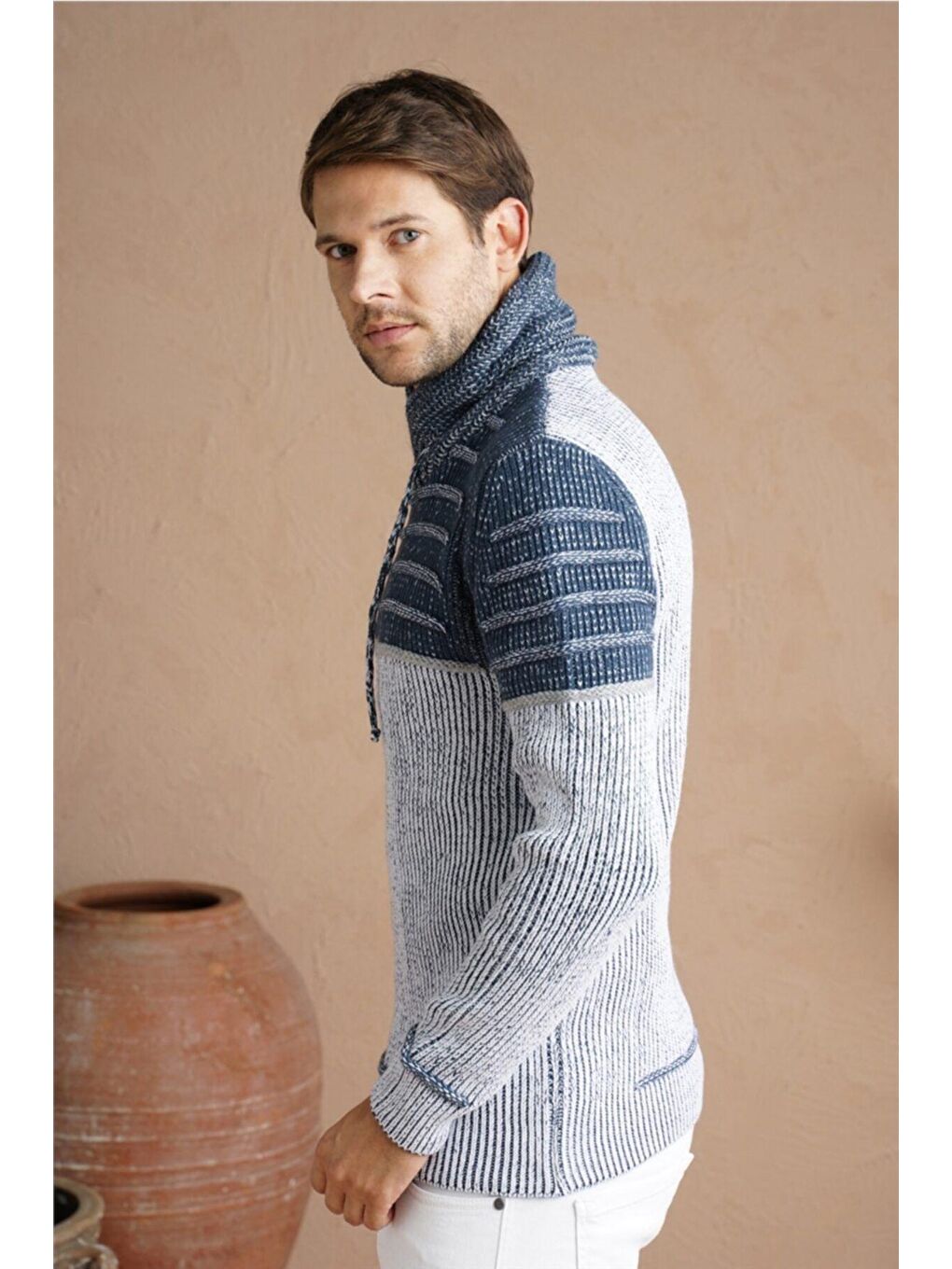 Erkek Mavi-gri Şal Yaka Göğüs Çizgili Triko Kazak-ipbyk001r99s-2