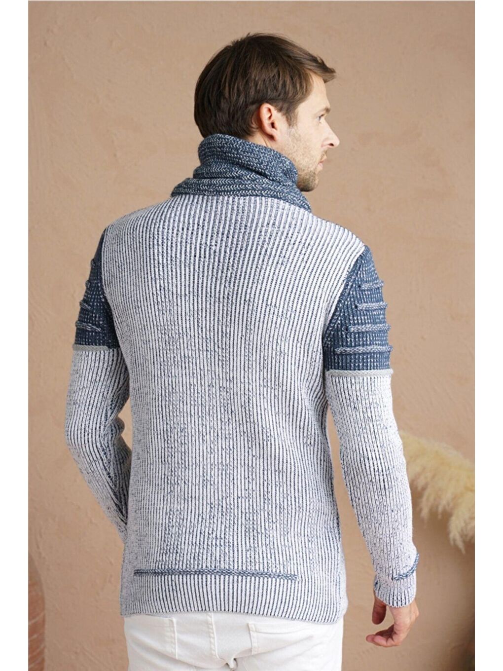 Erkek Mavi-gri Şal Yaka Göğüs Çizgili Triko Kazak-ipbyk001r99s-3