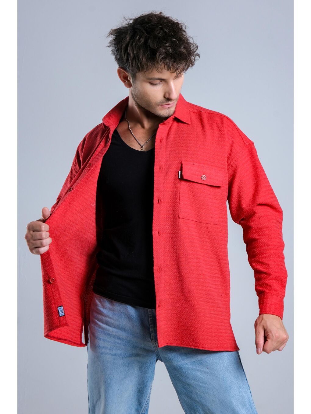 Kırmızı Oversize Tek Cepli Örme Gömlek MAR Over22-6