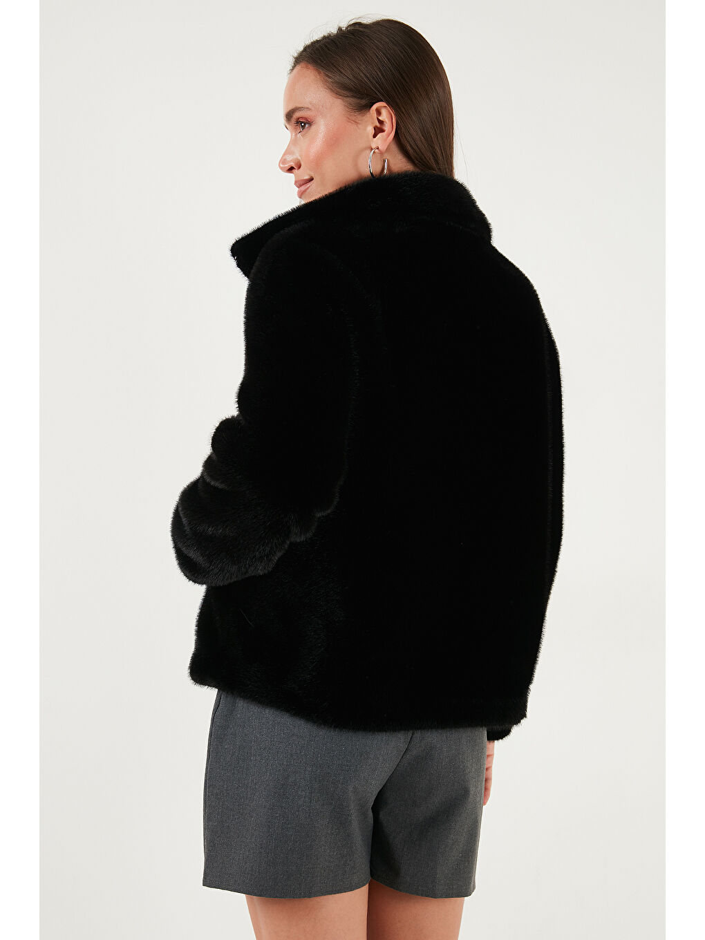 Siyah Oversize Fit Dik Yaka Fermuarlı Kürk 497ZETA-6