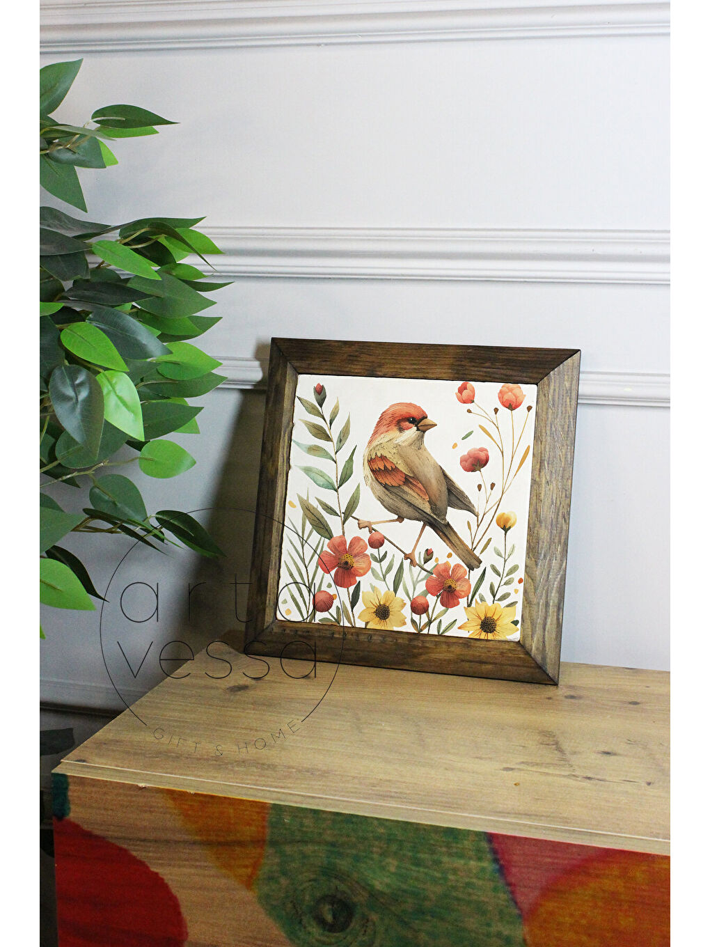 Beyaz Masif Ahşap Çerçeveli Taş Tablo Pano 16 x 16 cm - Bahar ve Kuşlar 3 - 16 x 16