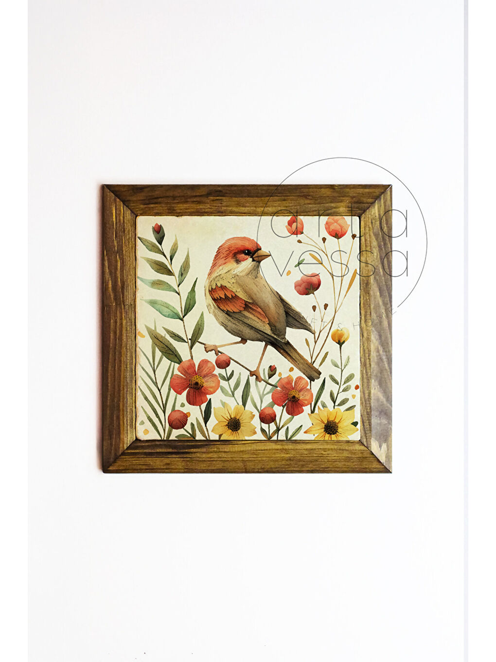Beyaz Masif Ahşap Çerçeveli Taş Tablo Pano 16 x 16 cm - Bahar ve Kuşlar 3 - 16 x 16-1