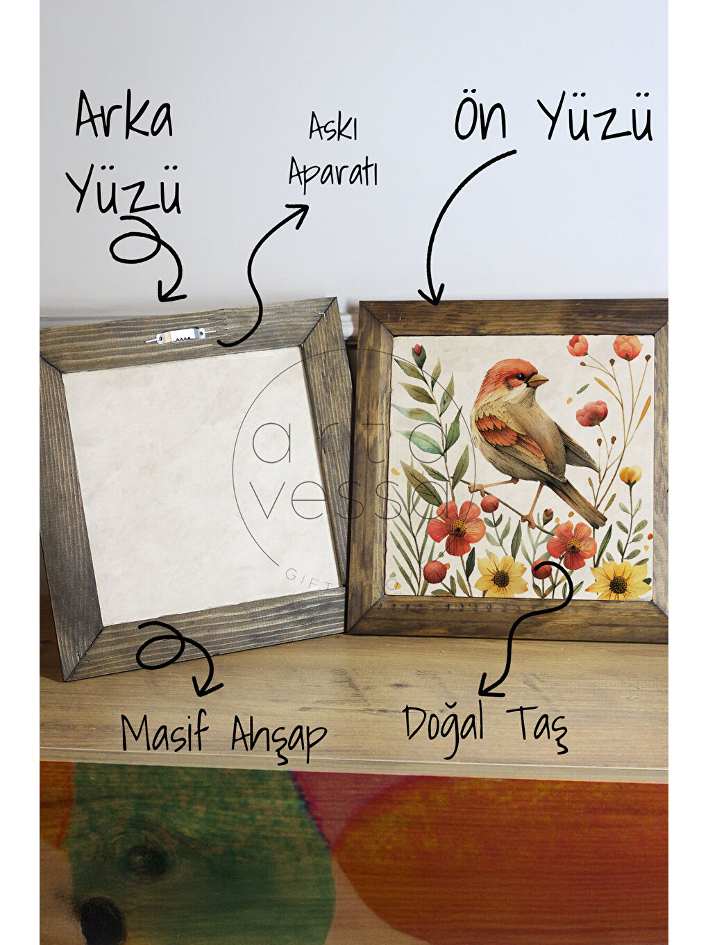 Beyaz Masif Ahşap Çerçeveli Taş Tablo Pano 16 x 16 cm - Bahar ve Kuşlar 3 - 16 x 16-2