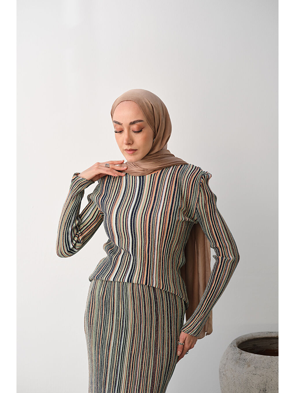 Pembe Kadın Simli Çizgi Desen Etekli Takım Somon-1