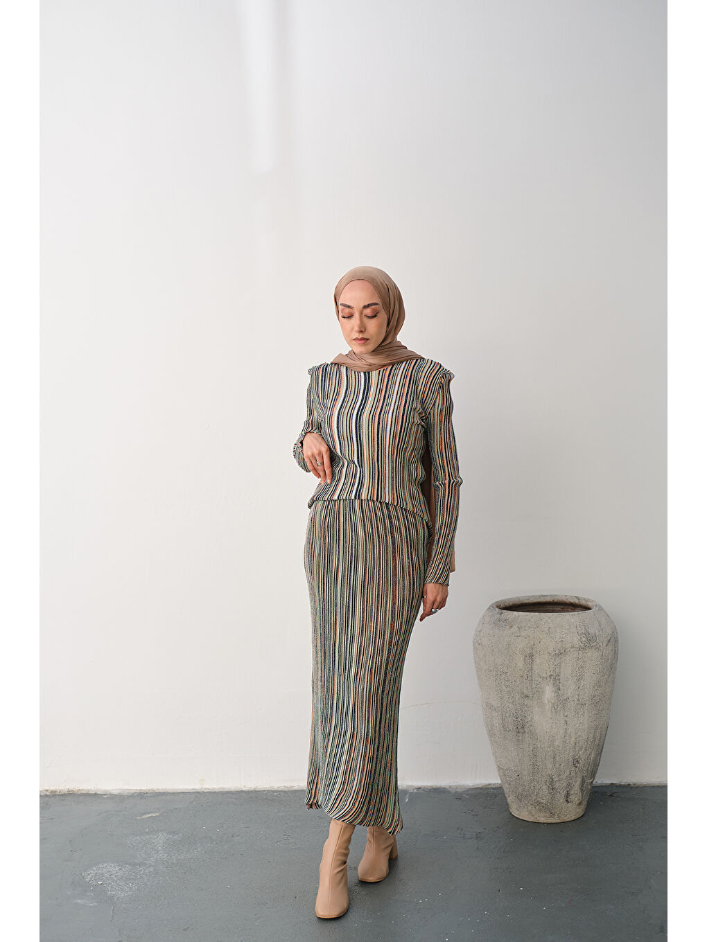 Pembe Kadın Simli Çizgi Desen Etekli Takım Somon-2