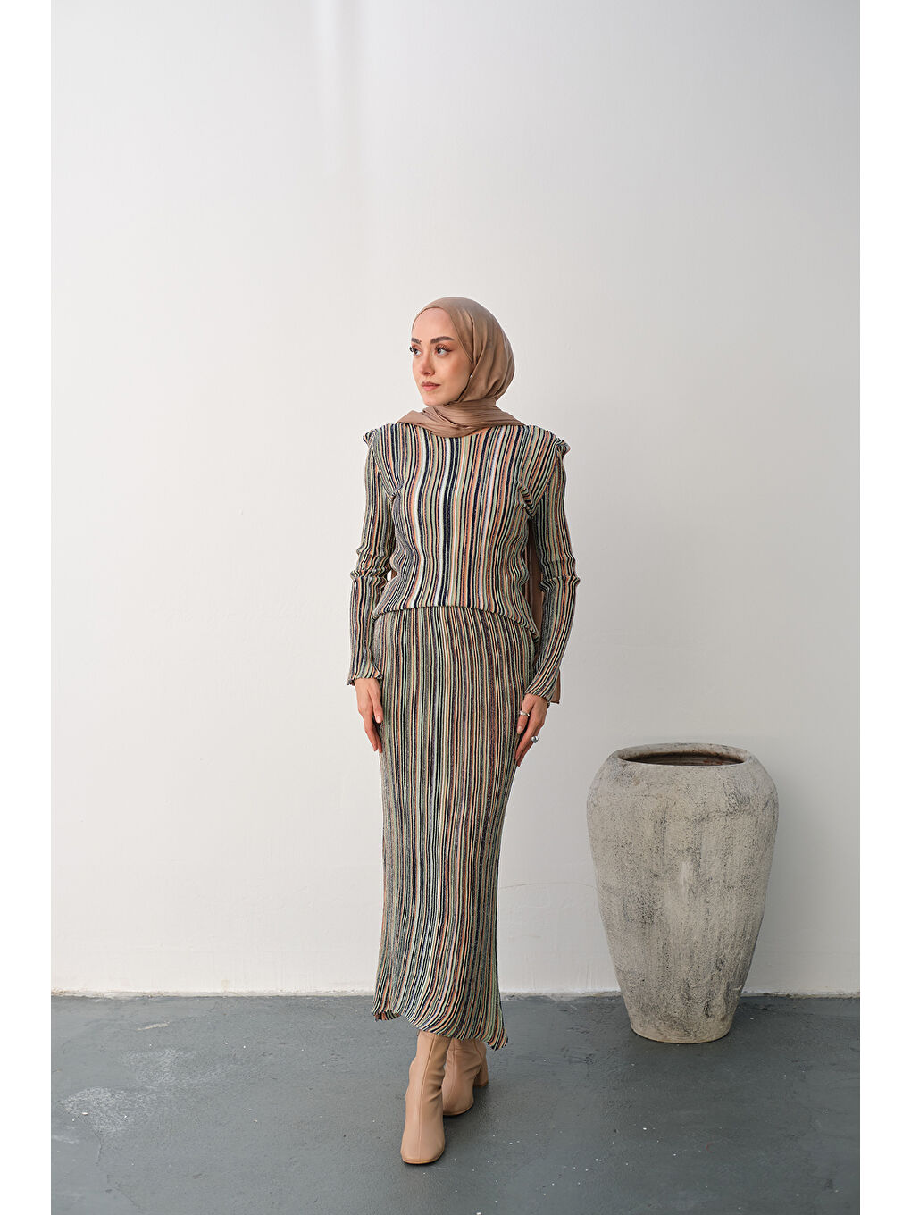 Pembe Kadın Simli Çizgi Desen Etekli Takım Somon-3