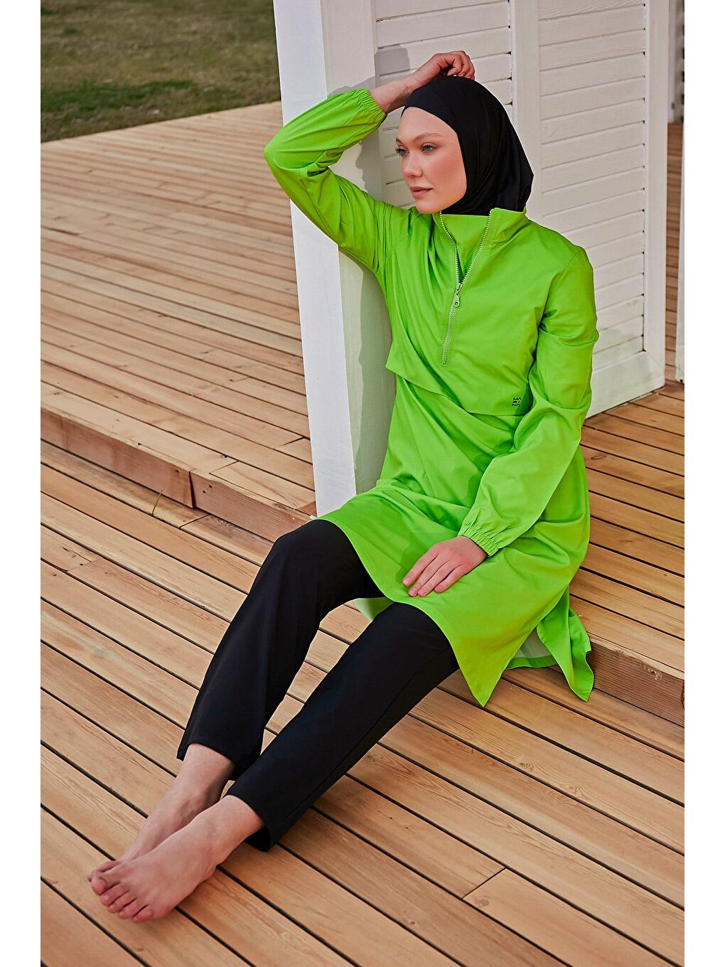 Paraşüt Kumaş Yeşil Tam Kapalı Tesettür Mayo M2407-1