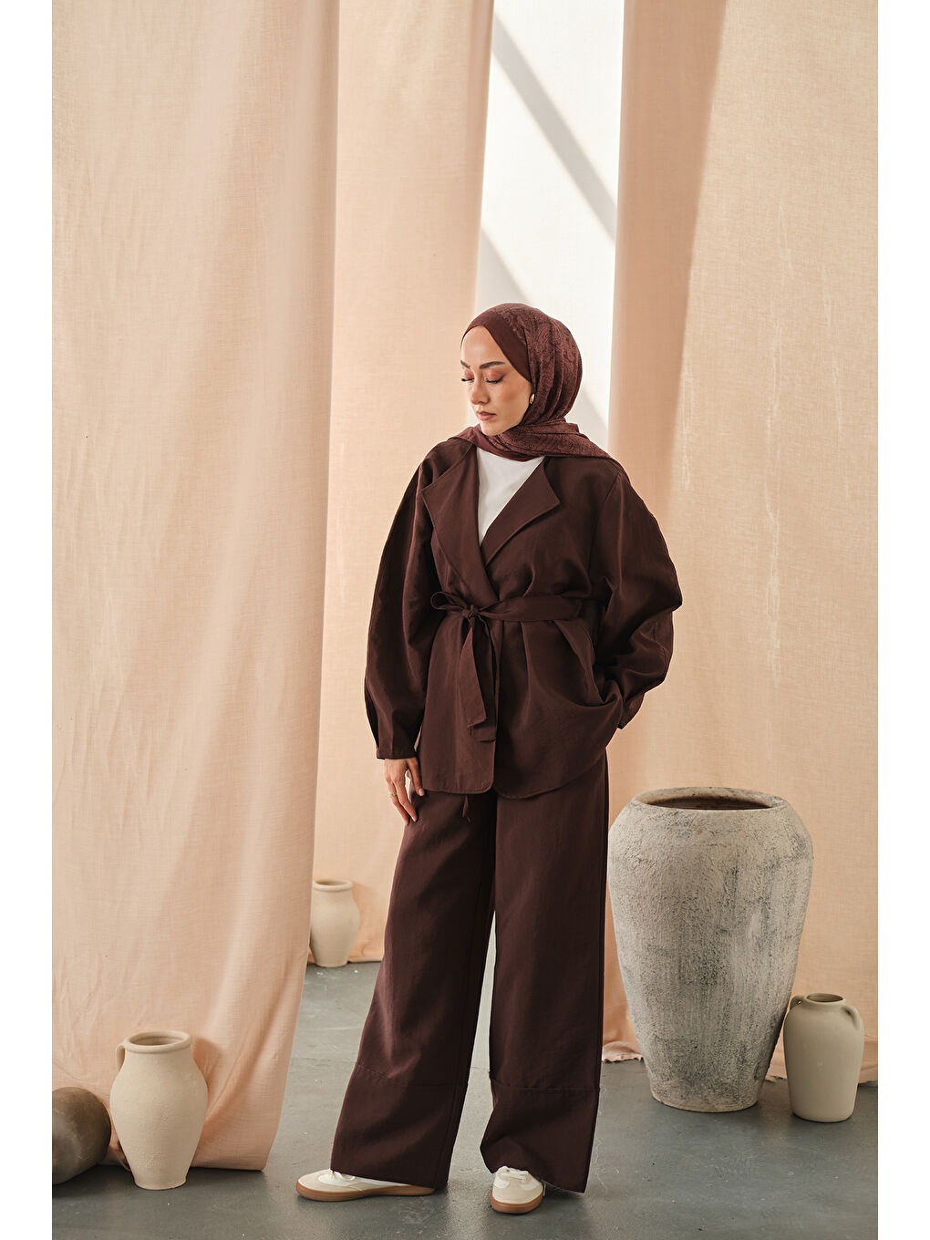 Kadın Bel Bağlamalı Kimono Takım Kahverengi