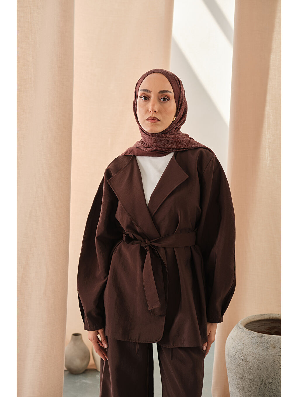 Kadın Bel Bağlamalı Kimono Takım Kahverengi-1