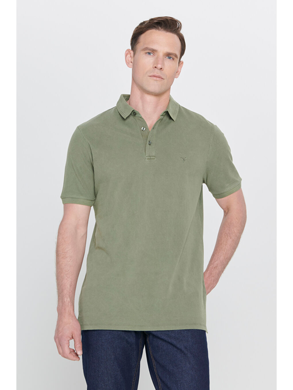 Erkek Haki Slim Fit Dar Kesim Polo Yaka %100 Pamuk Kısa Kollu Desenli Tişört