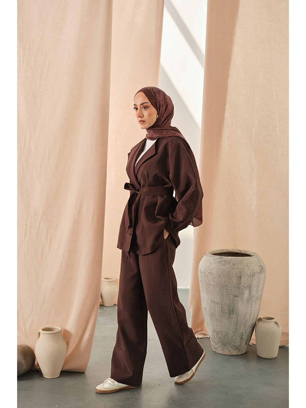 Kadın Bel Bağlamalı Kimono Takım Kahverengi-2