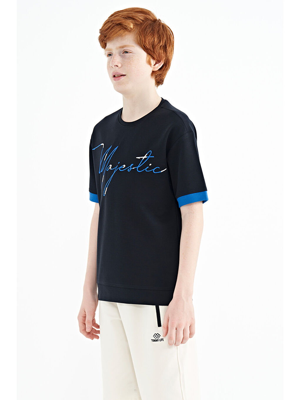 Lacivert Ön Yazı Nakışlı O Yaka Oversize Erkek Çocuk Tişört - 11147-7