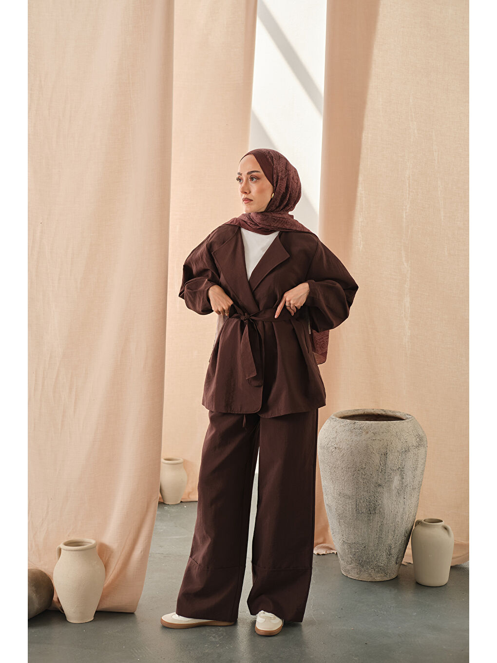 Kadın Bel Bağlamalı Kimono Takım Kahverengi-3