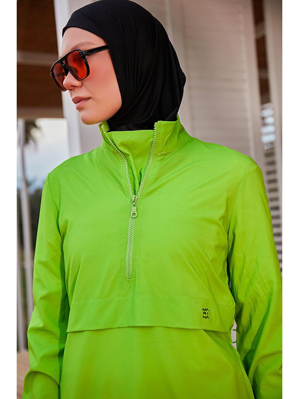 Paraşüt Kumaş Yeşil Tam Kapalı Tesettür Mayo M2407-4