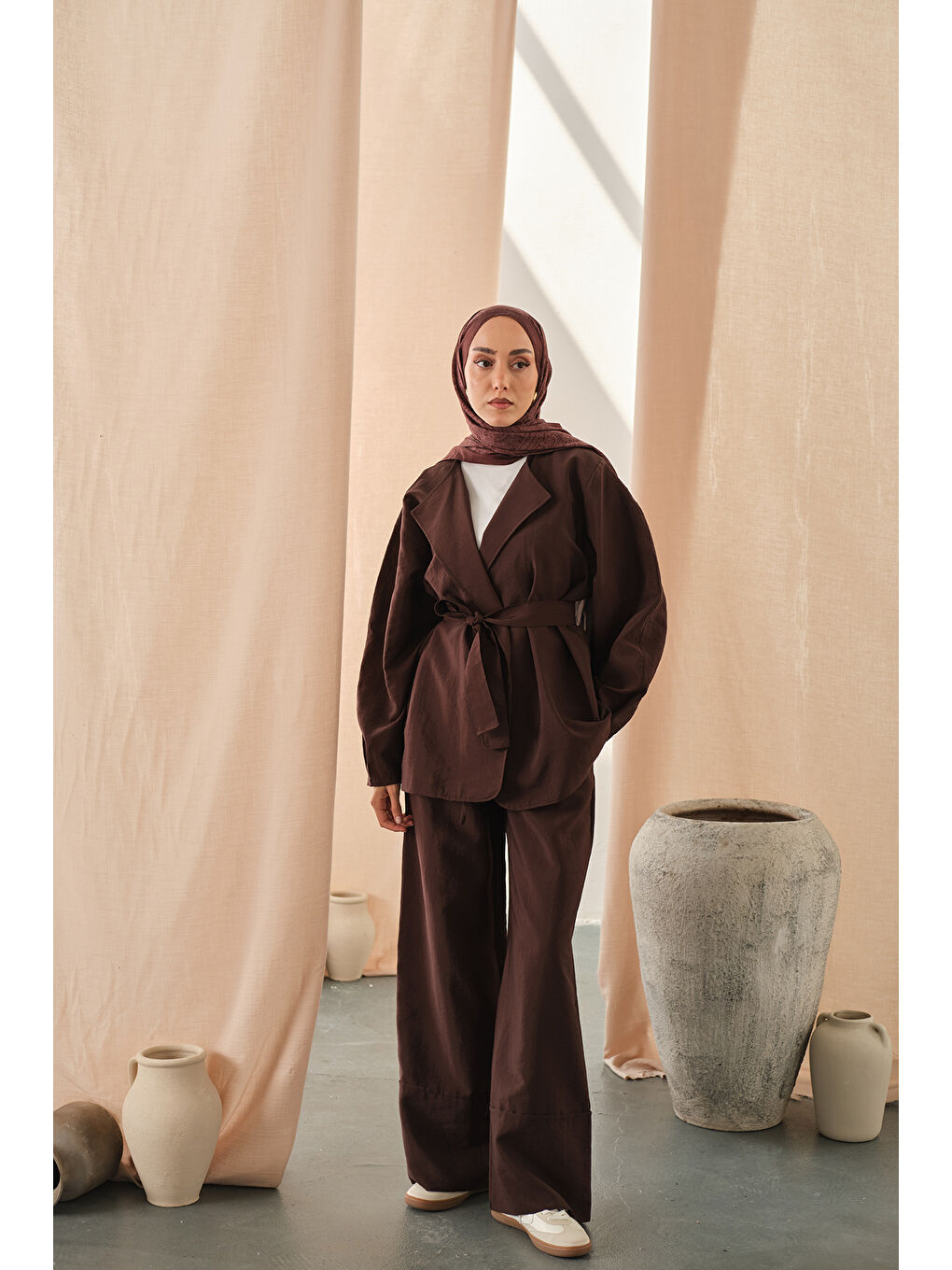 Kadın Bel Bağlamalı Kimono Takım Kahverengi-4