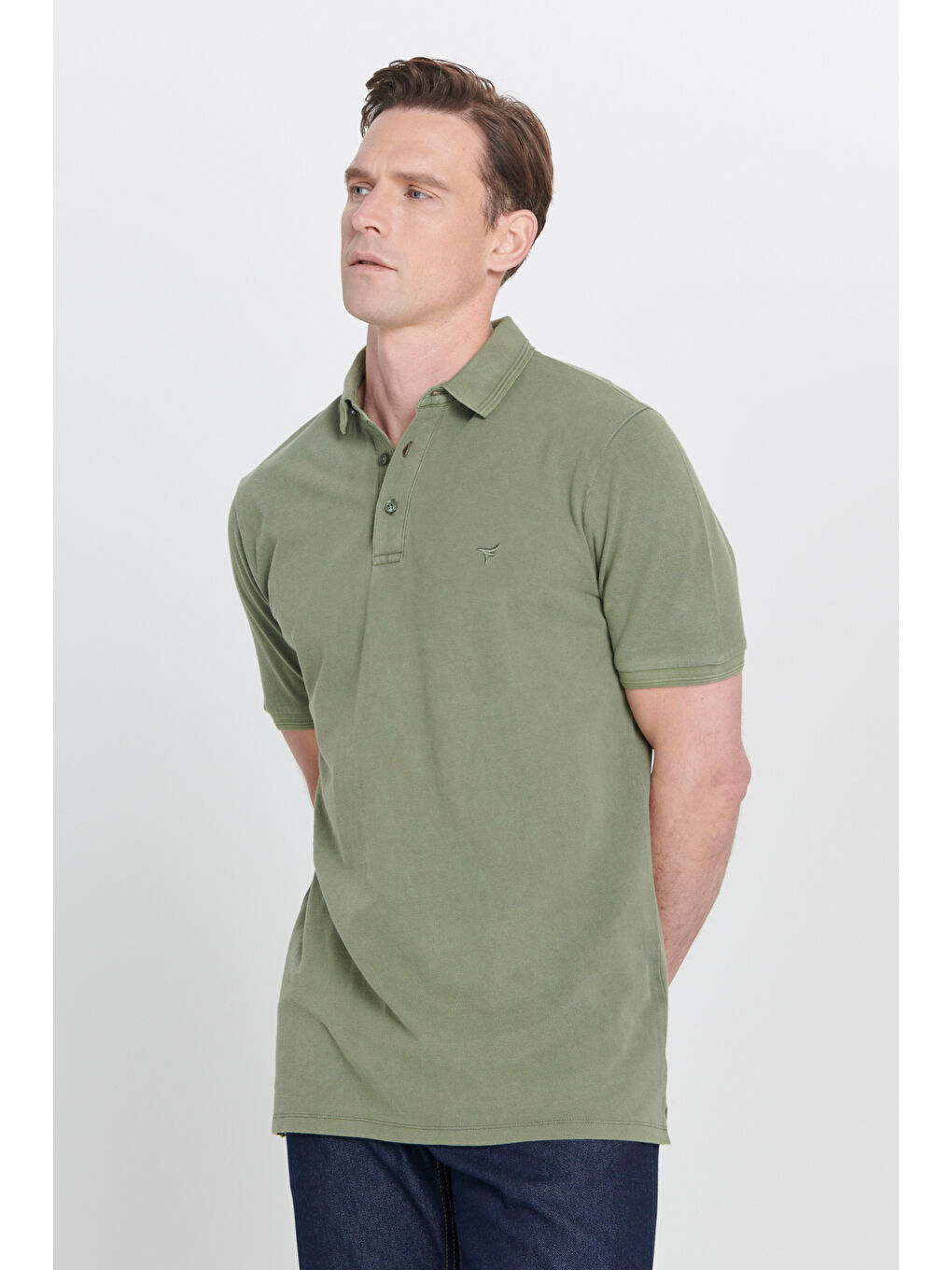 Erkek Haki Slim Fit Dar Kesim Polo Yaka %100 Pamuk Kısa Kollu Desenli Tişört-2