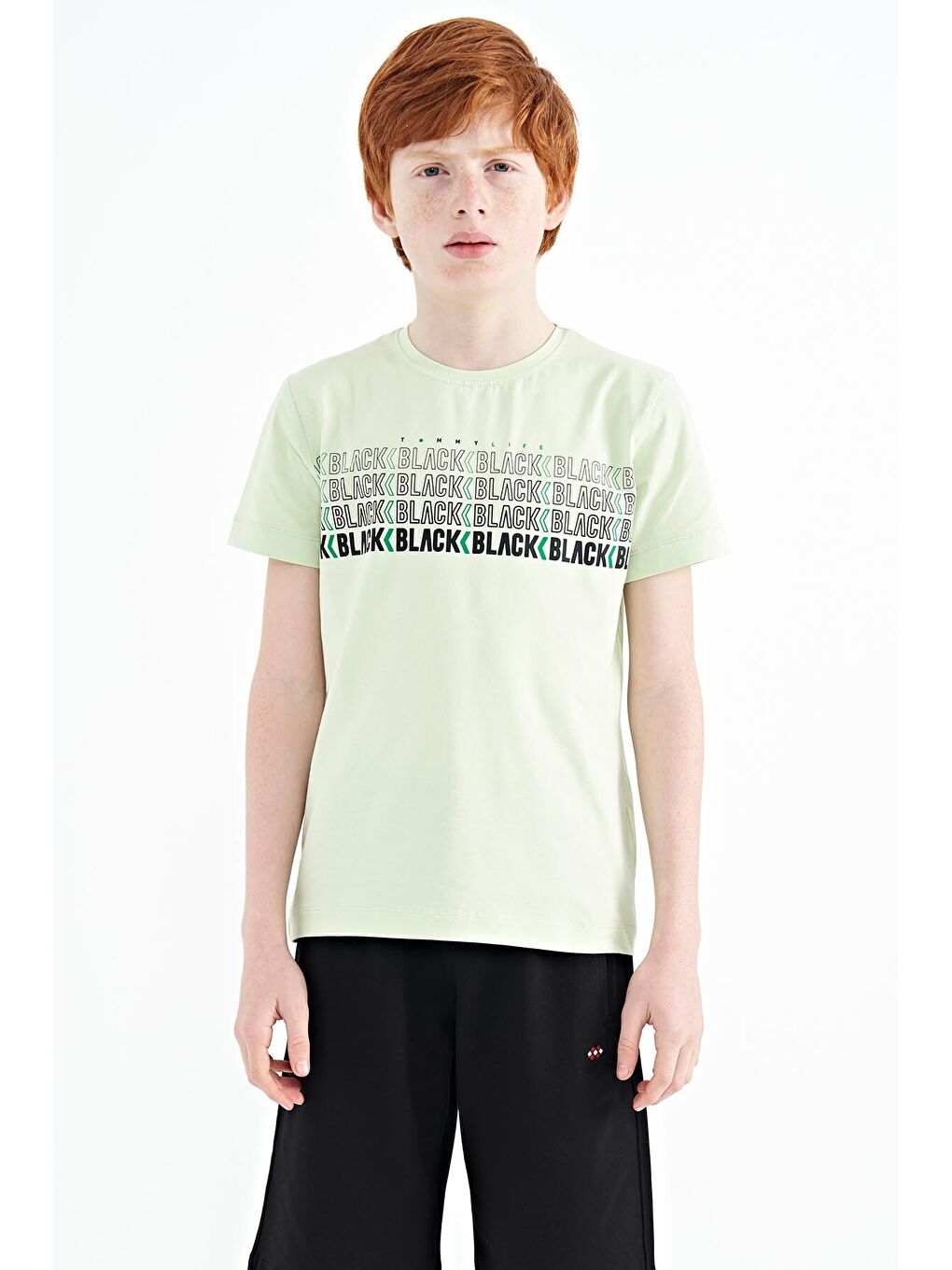 Açık Yeşil Yazı Baskılı O Yaka Standart Kalıp Erkek Çocuk Tişört - 11149