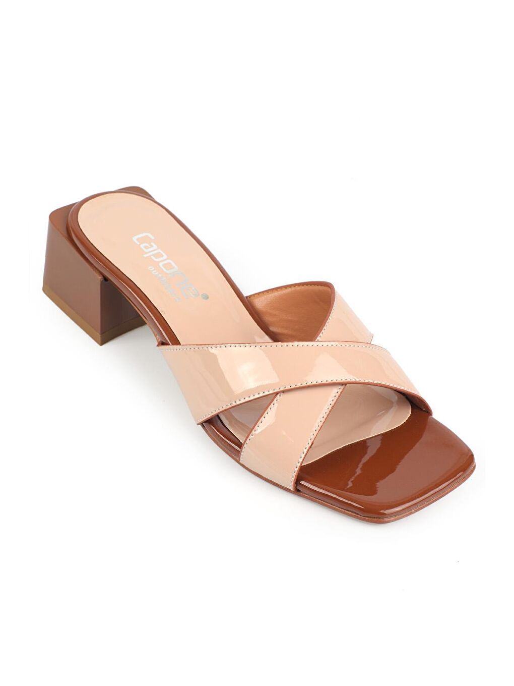 Bej Cristina Rugan Çapraz Bantlı Orta Topuklu Kadın Terlik