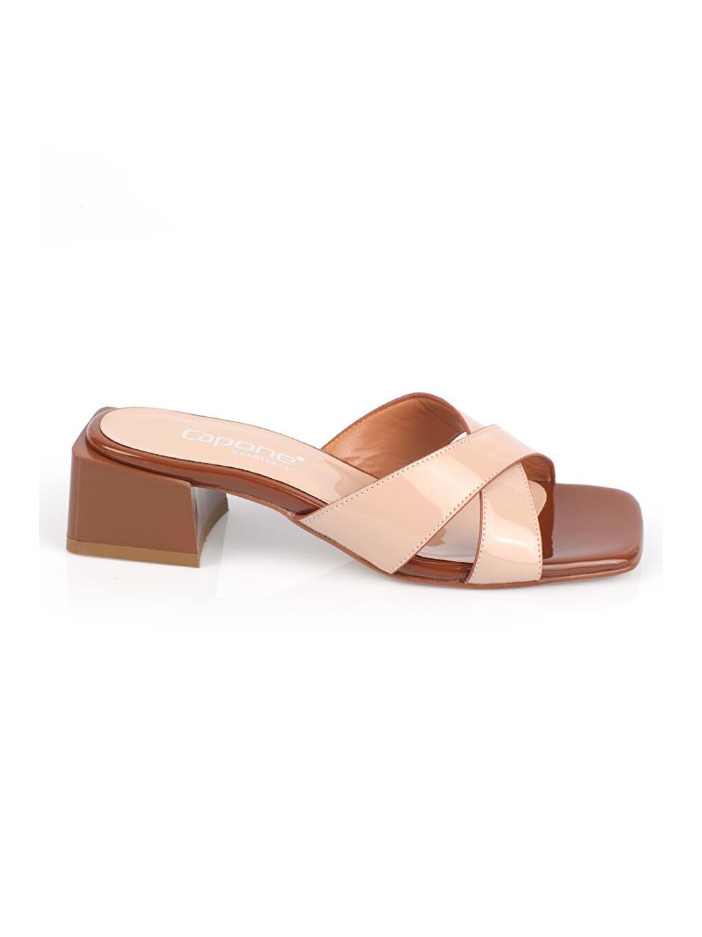 Bej Cristina Rugan Çapraz Bantlı Orta Topuklu Kadın Terlik-1