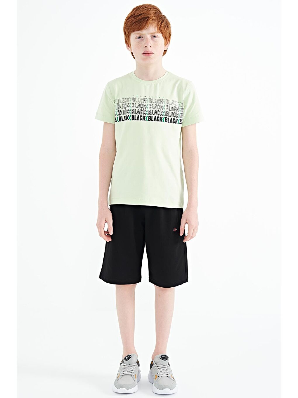 Açık Yeşil Yazı Baskılı O Yaka Standart Kalıp Erkek Çocuk Tişört - 11149-2