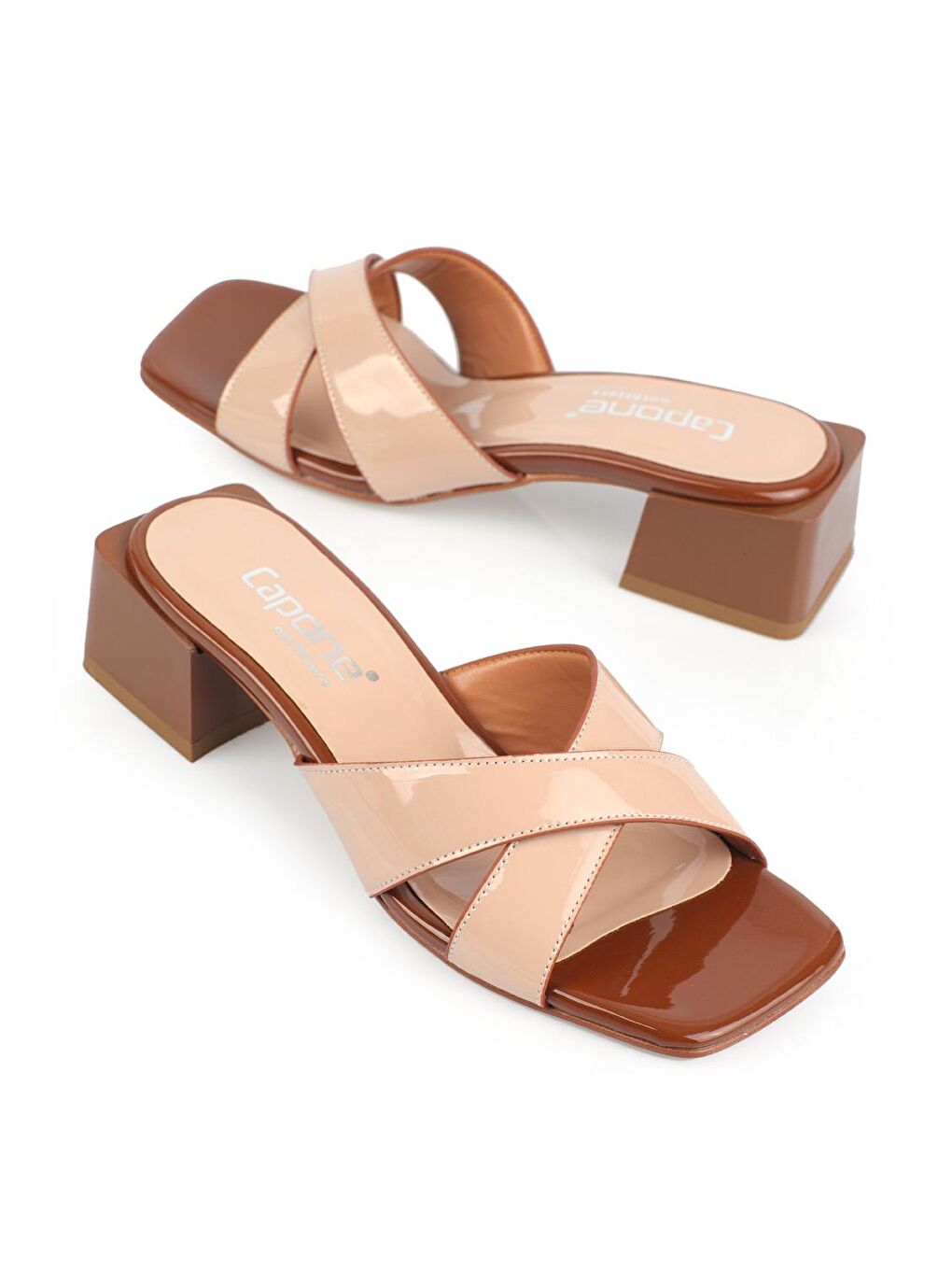 Bej Cristina Rugan Çapraz Bantlı Orta Topuklu Kadın Terlik-2
