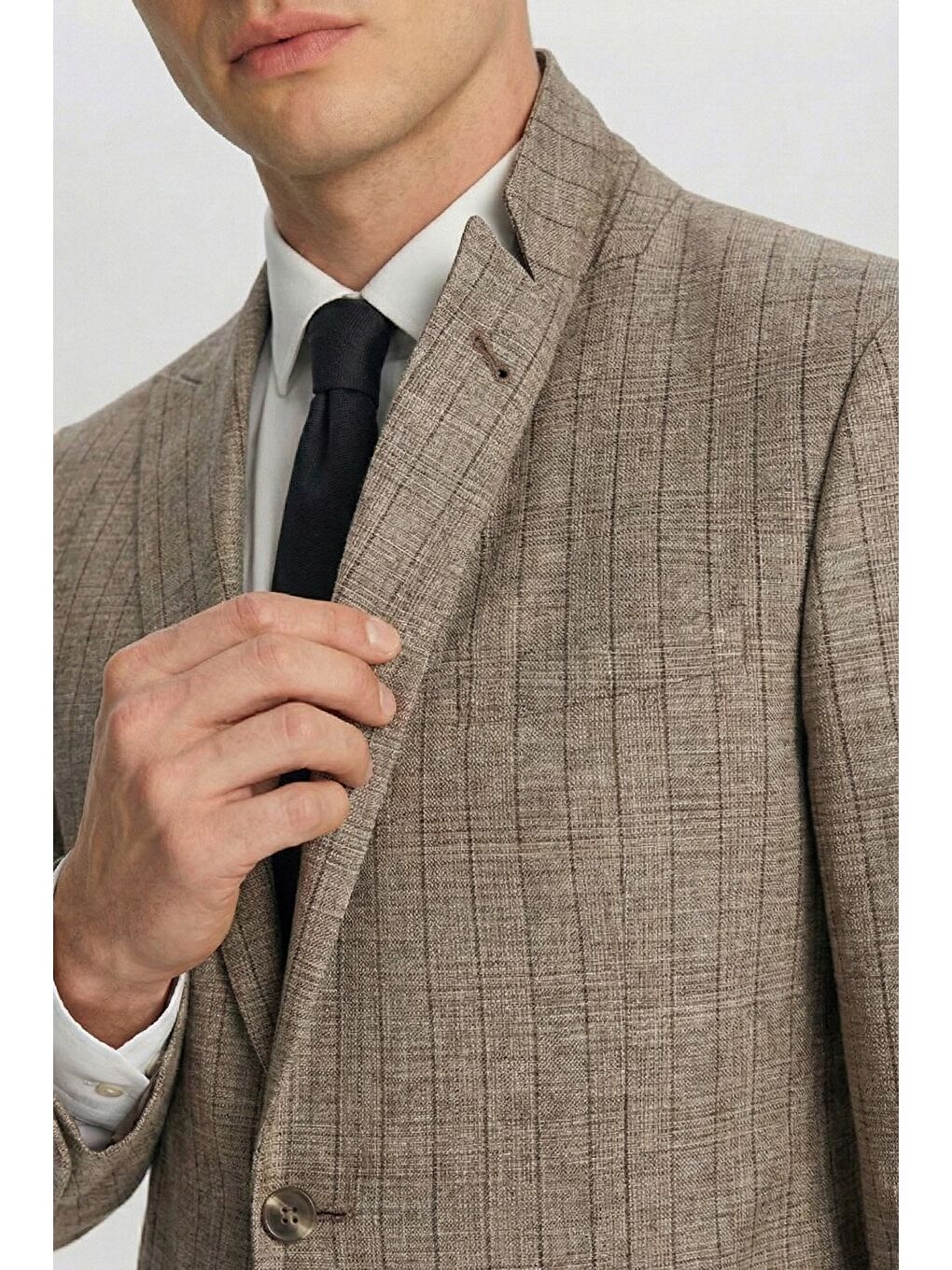 Giotelli Erkek Bej Roma Kalıp Çizgili Sivri Yaka 6 Drop Astarsız Standart Boy Ceket-1