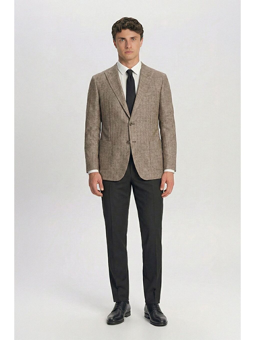 Giotelli Erkek Bej Roma Kalıp Çizgili Sivri Yaka 6 Drop Astarsız Standart Boy Ceket-2