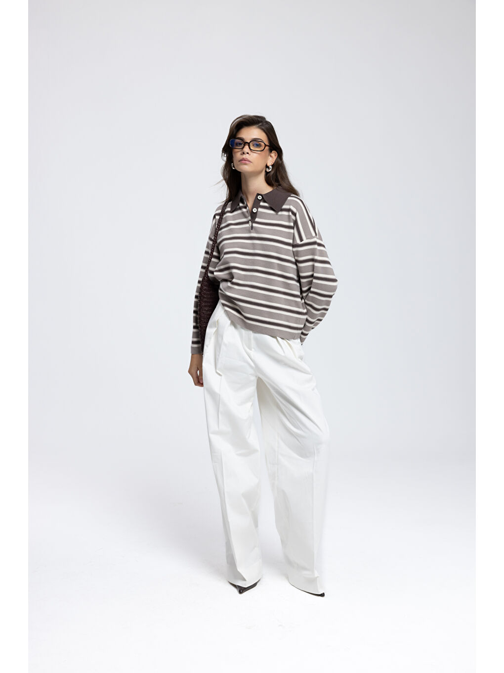 Bej Moss Çizgili Vizon Polo Yaka Triko Kazak-1