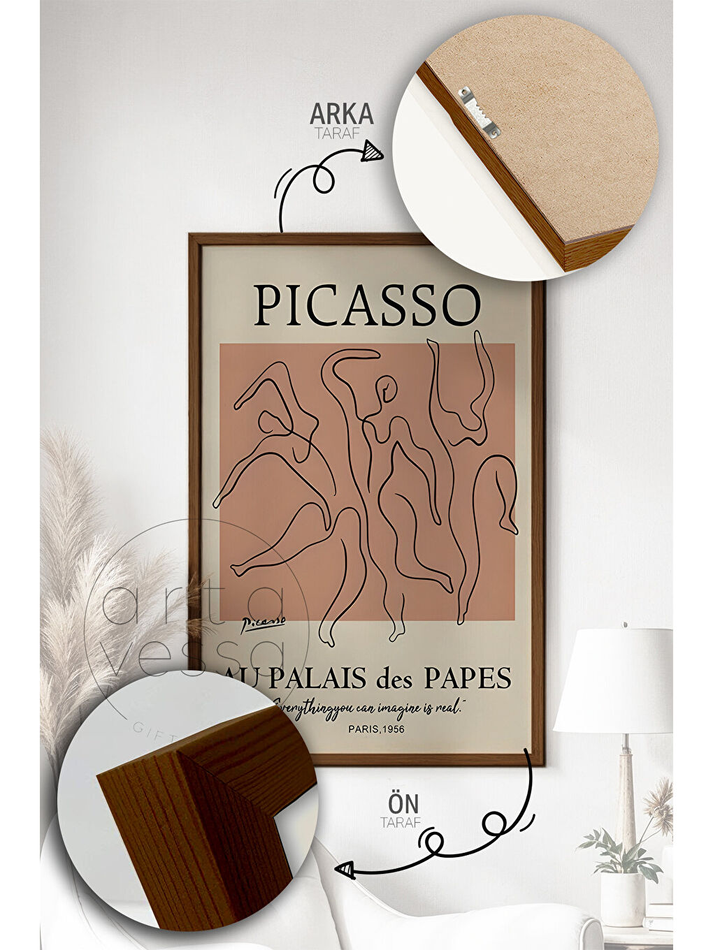 Beyaz 3 Parça Kahverengi Gerçek Ahşap Çerçeveli Tablo Seti - Model 16 - ERSY3KHVCRV16-2030-4