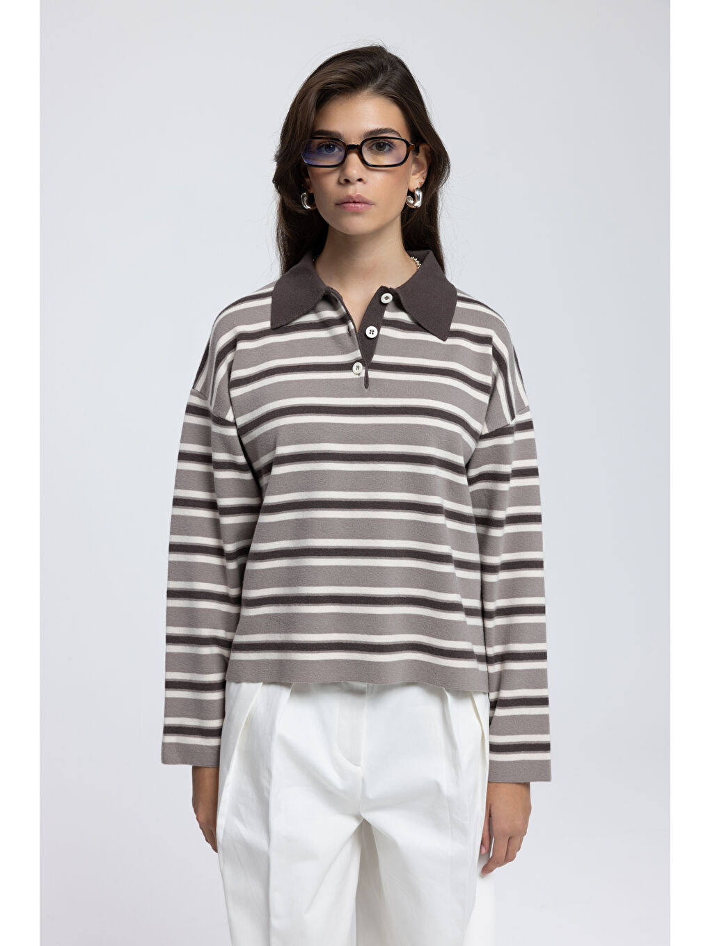 Bej Moss Çizgili Vizon Polo Yaka Triko Kazak-2