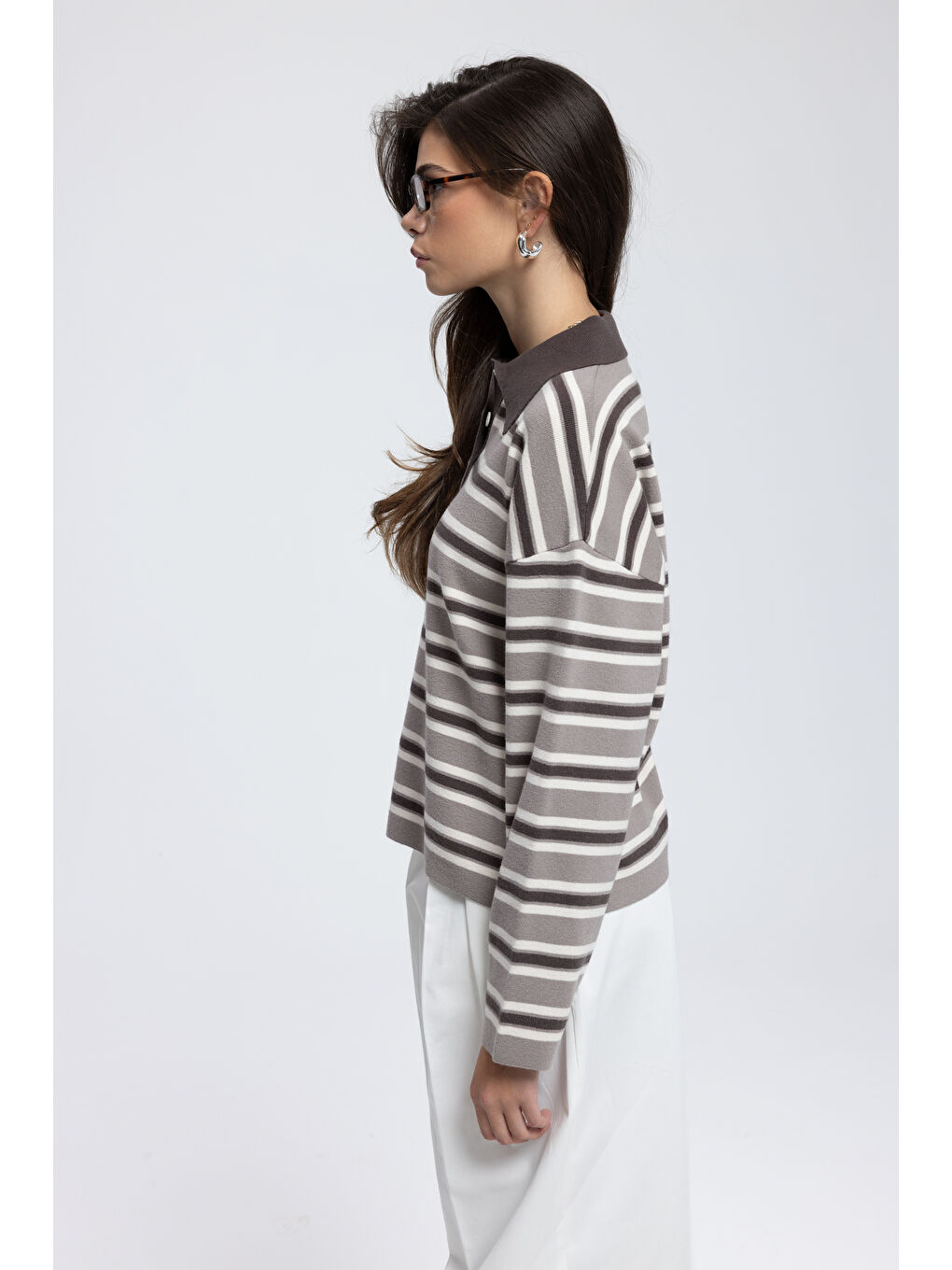 Bej Moss Çizgili Vizon Polo Yaka Triko Kazak-3