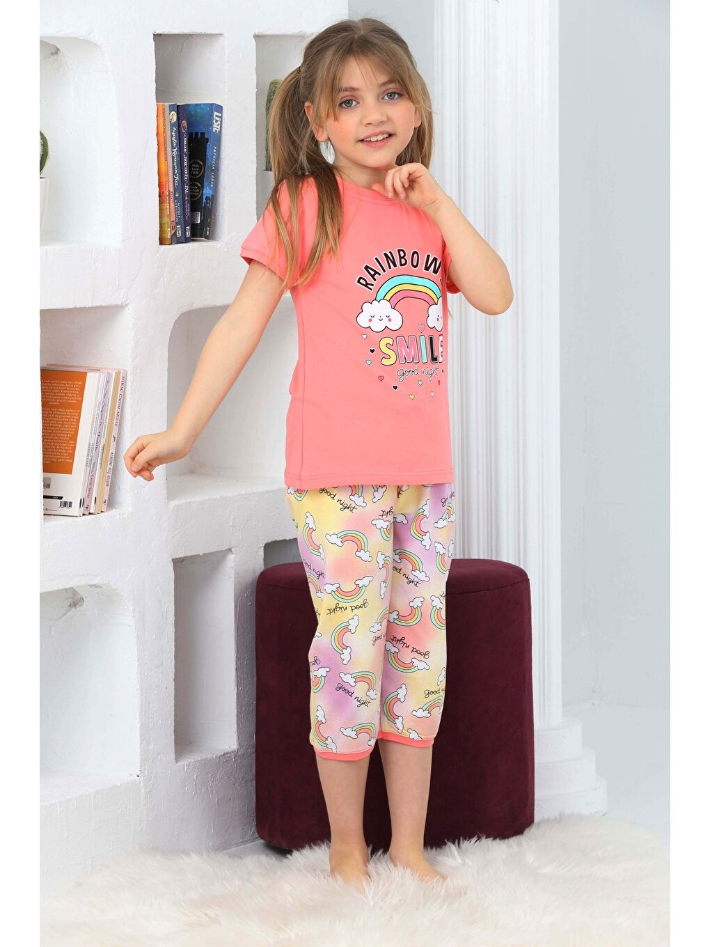 Kapi Kids Pembe Kız Çocuk Kaprili-Gökkuşağı Baskılı Pijama Takımı Mnx 6100-01