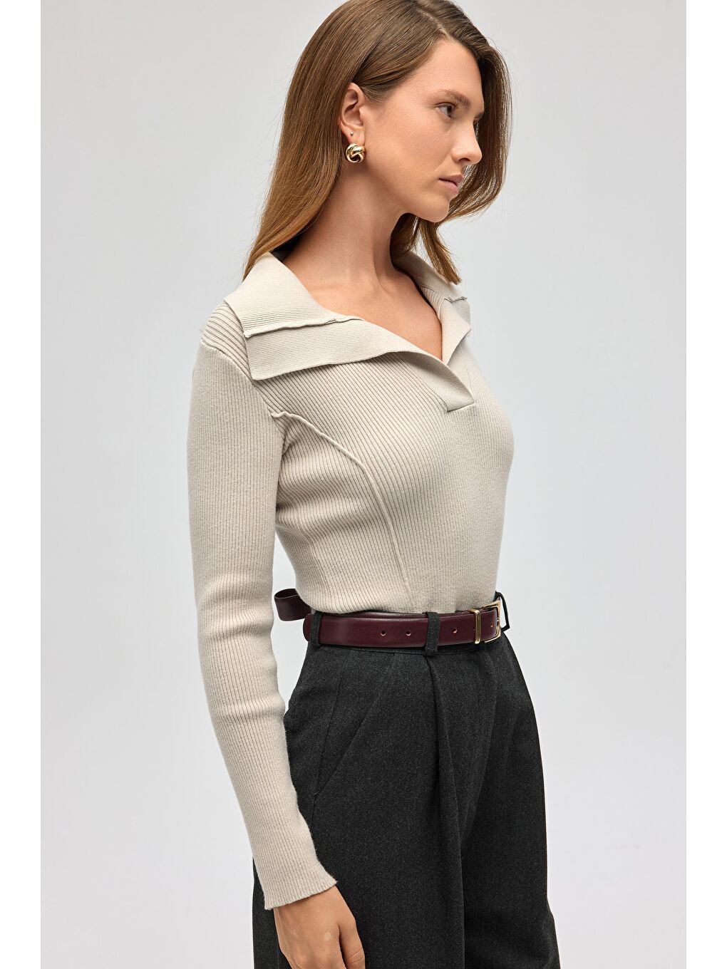 Bej İnari Polo Yaka Taş Triko Kazak-2