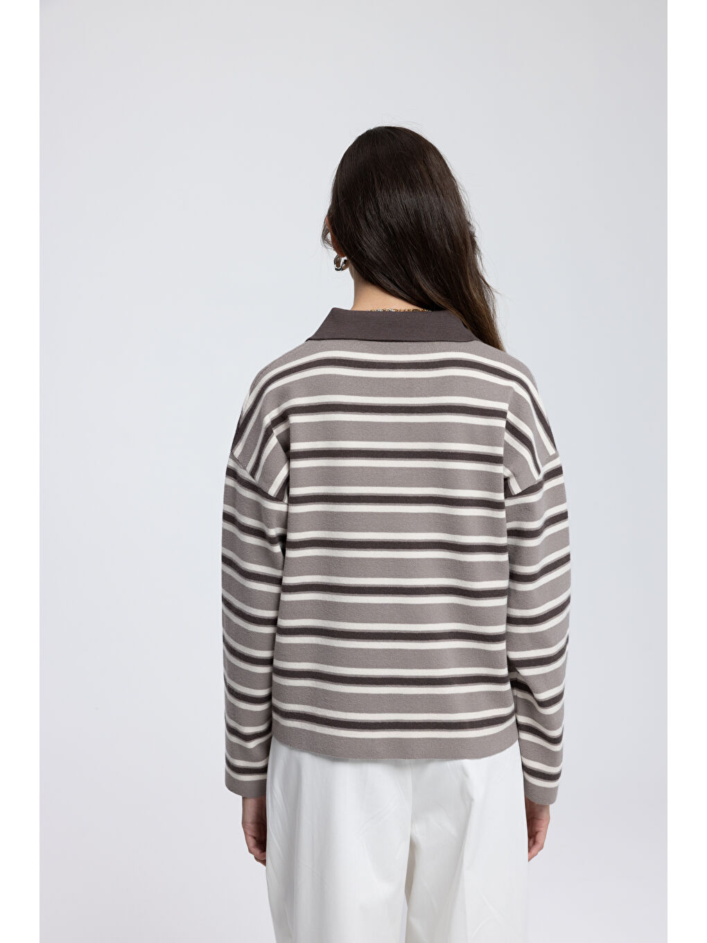Bej Moss Çizgili Vizon Polo Yaka Triko Kazak-4