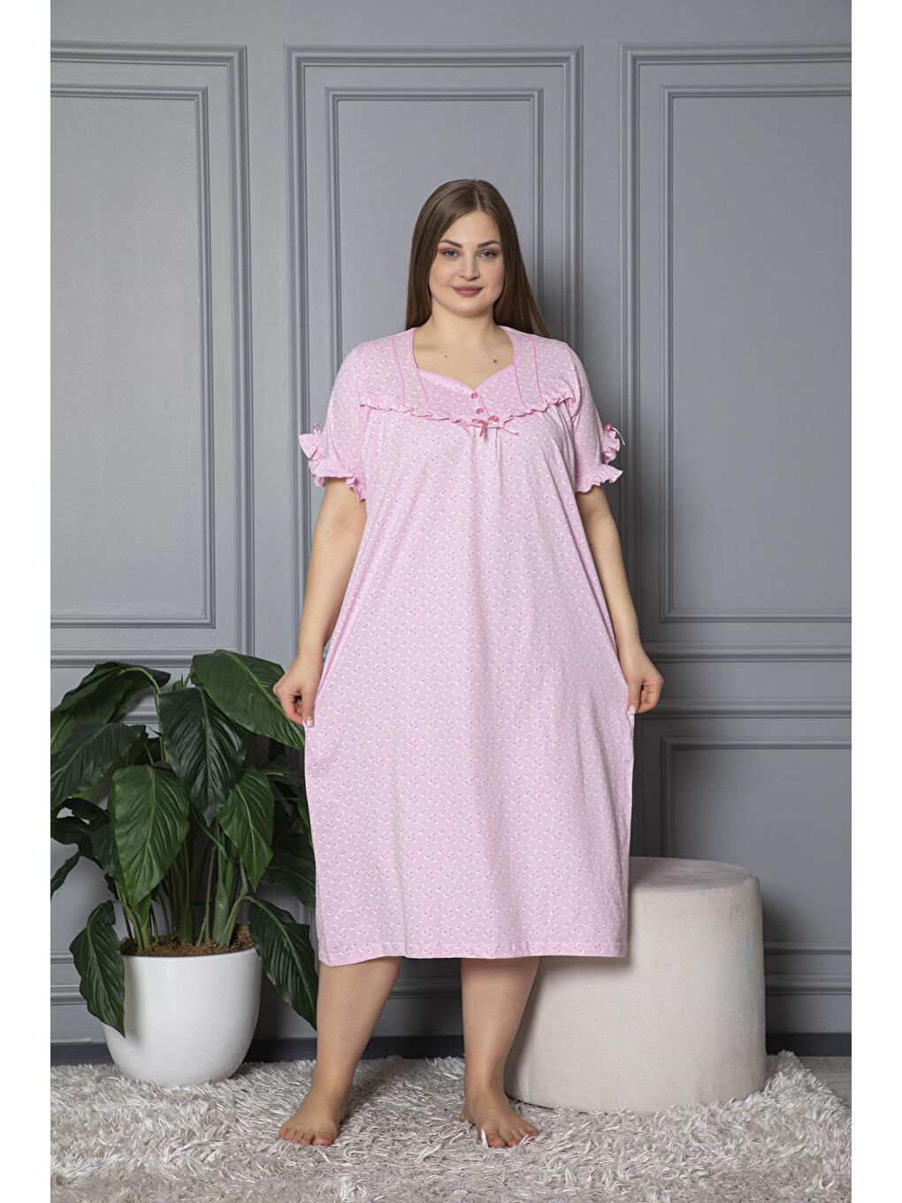 Pembe %100 Pamuklu Penye Kısa Kollu Büyük Beden Anne Geceliği 136