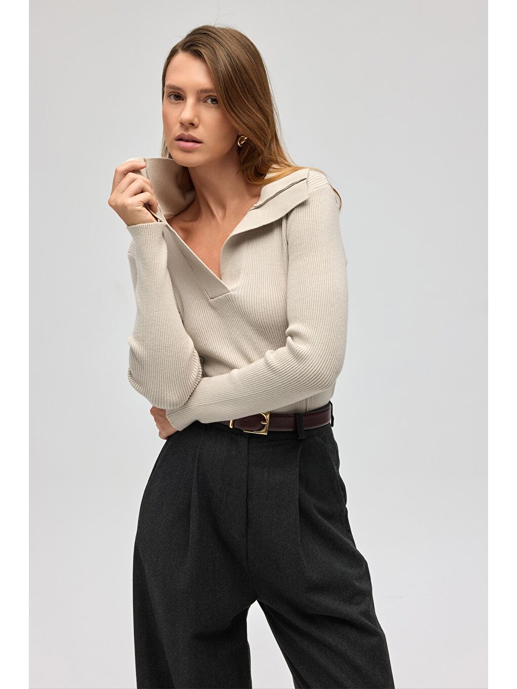 Bej İnari Polo Yaka Taş Triko Kazak-3