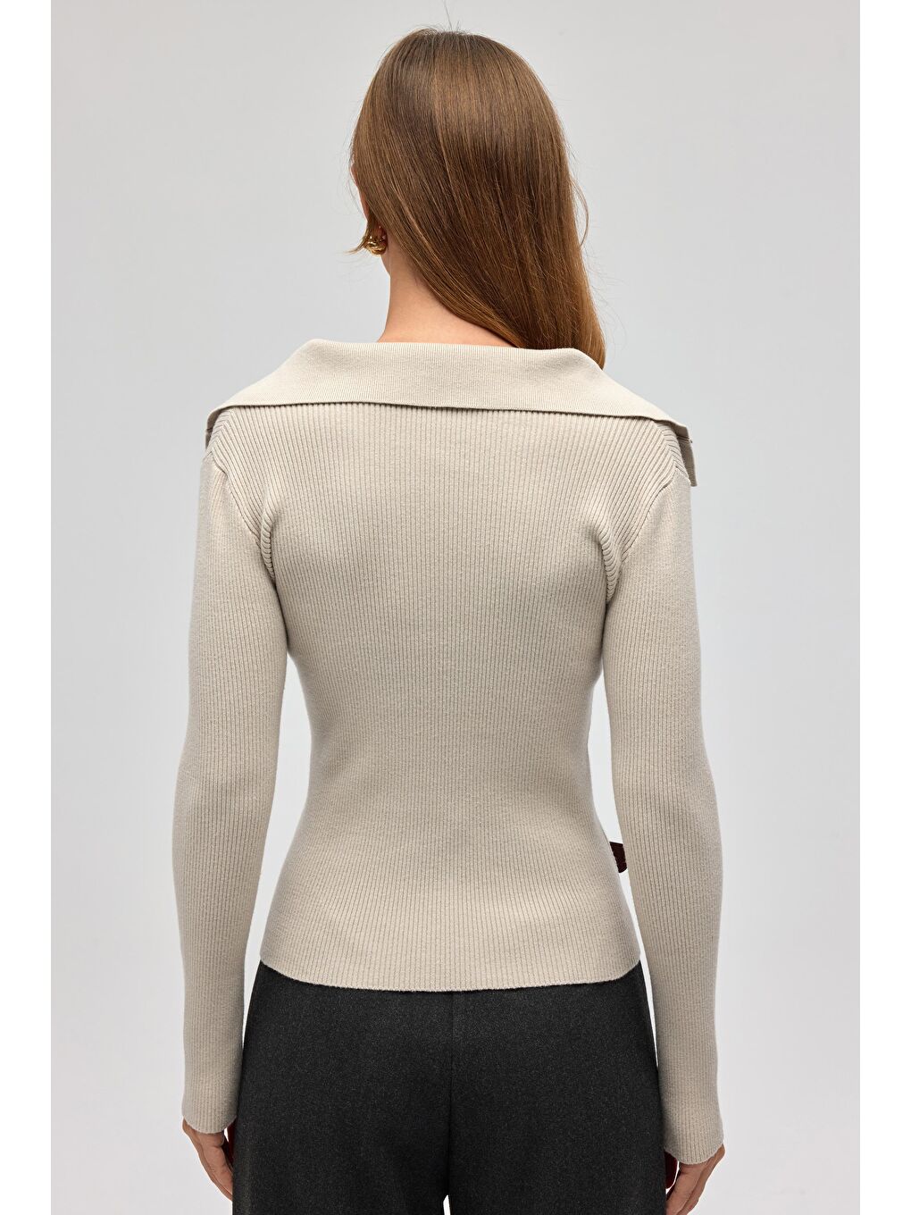 Bej İnari Polo Yaka Taş Triko Kazak-4