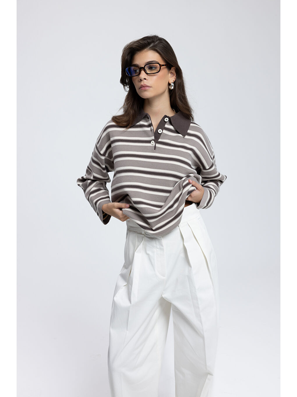 Bej Moss Çizgili Vizon Polo Yaka Triko Kazak-5