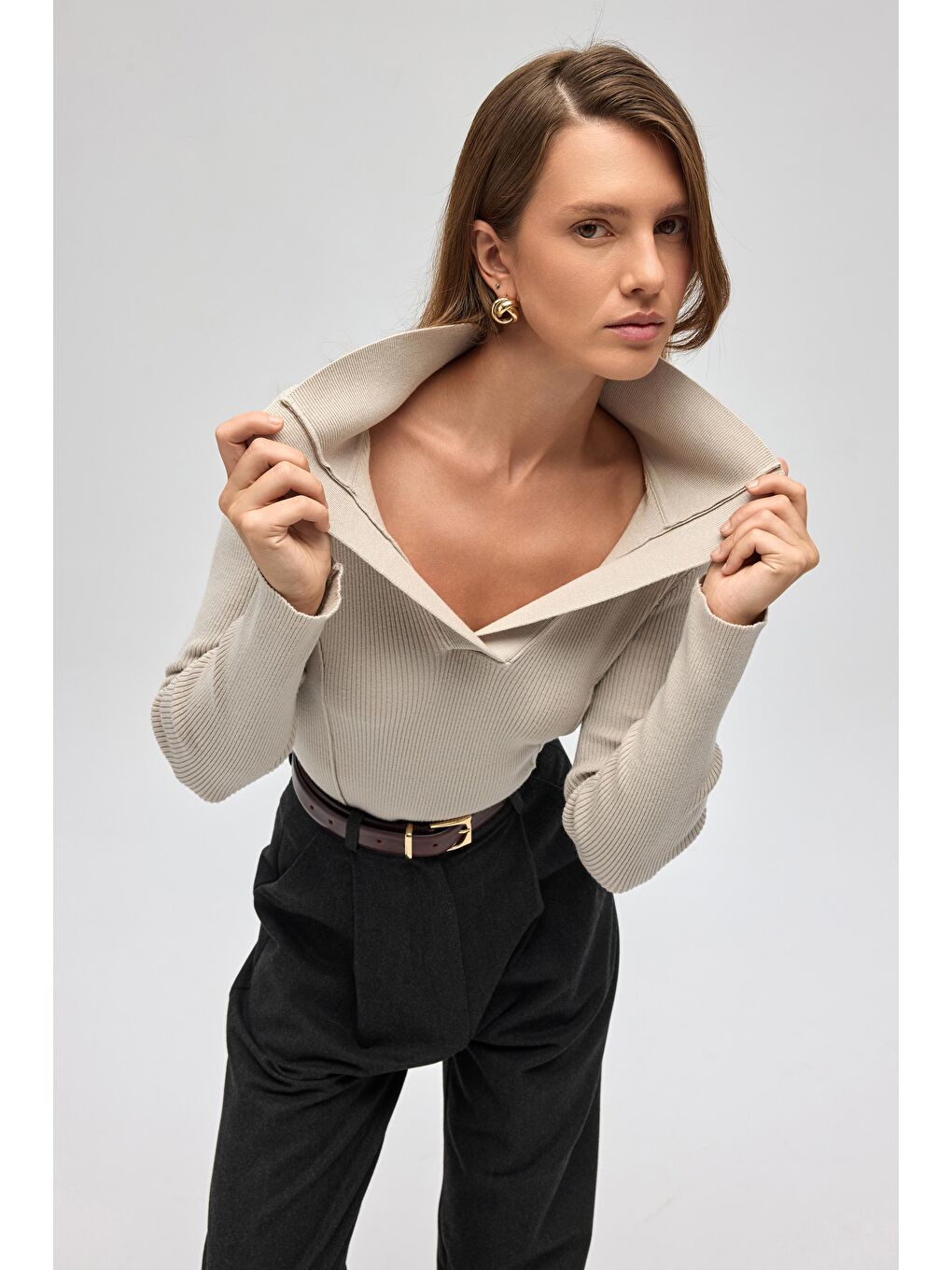 Bej İnari Polo Yaka Taş Triko Kazak-5