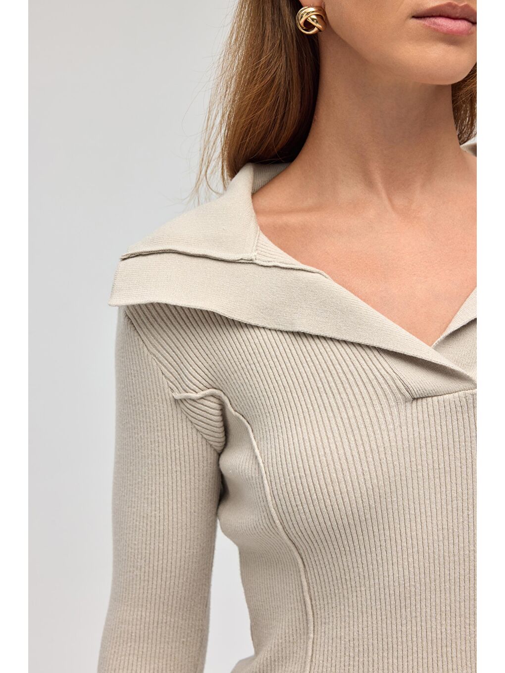 Bej İnari Polo Yaka Taş Triko Kazak-6