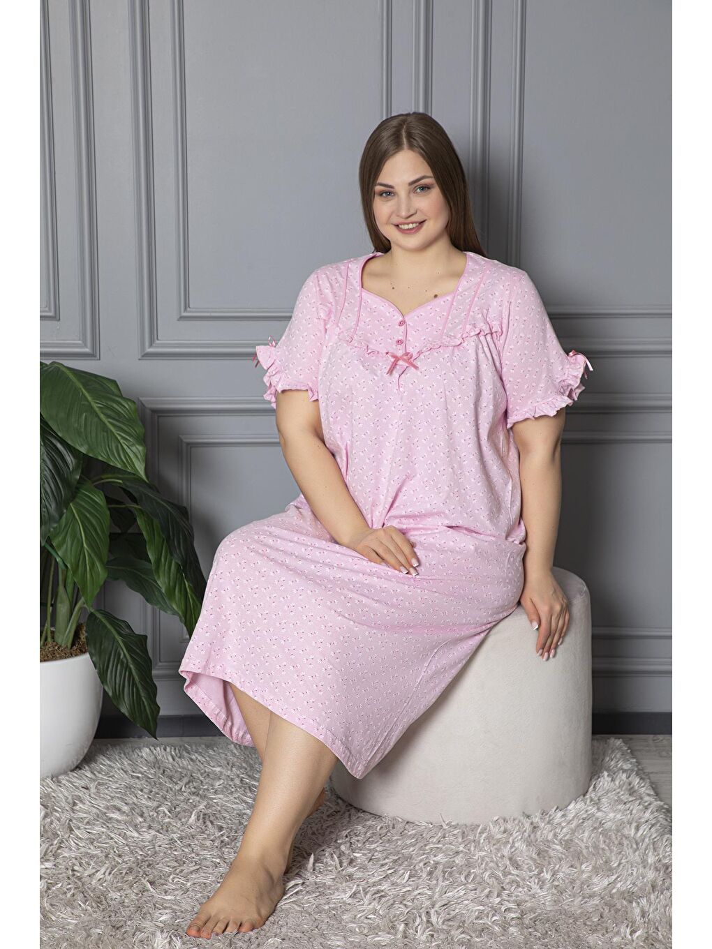 Pembe %100 Pamuklu Penye Kısa Kollu Büyük Beden Anne Geceliği 136-1
