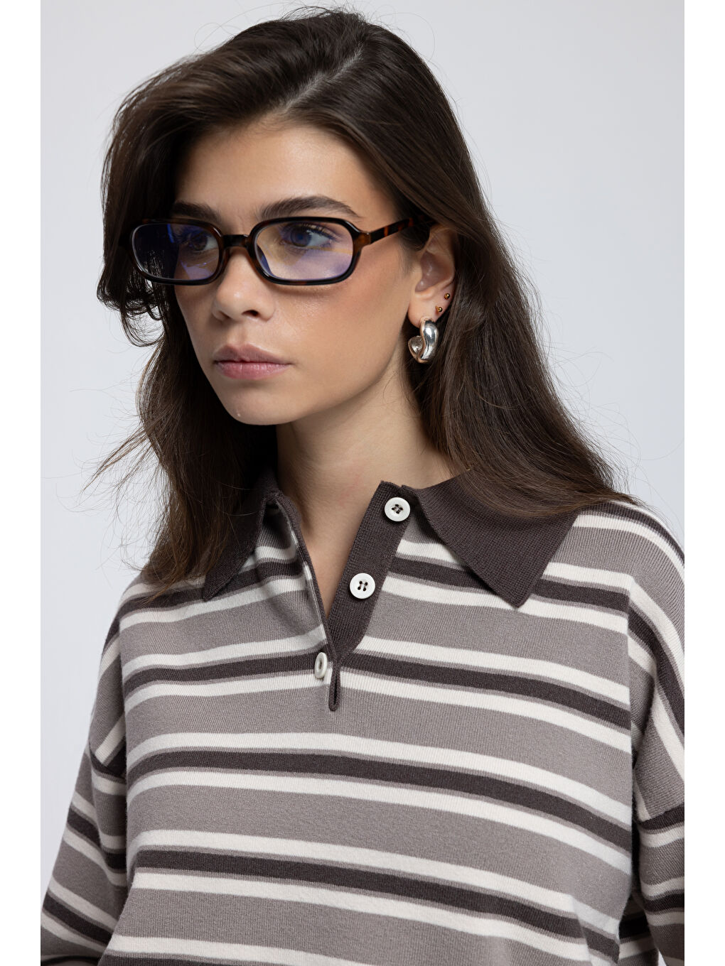 Bej Moss Çizgili Vizon Polo Yaka Triko Kazak-6