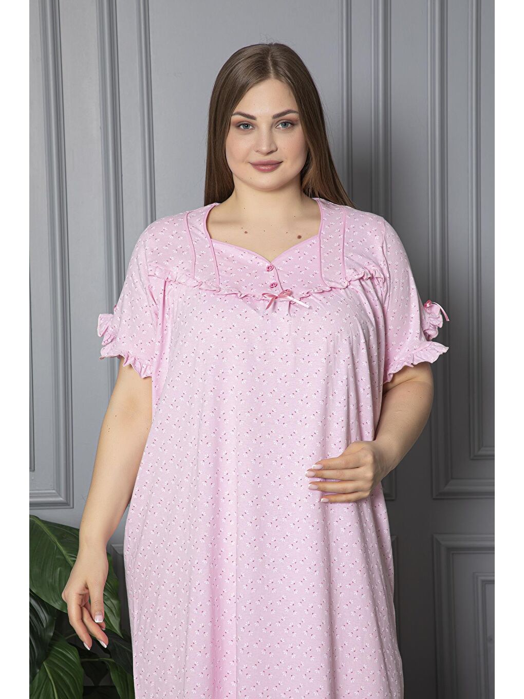 Pembe %100 Pamuklu Penye Kısa Kollu Büyük Beden Anne Geceliği 136-2