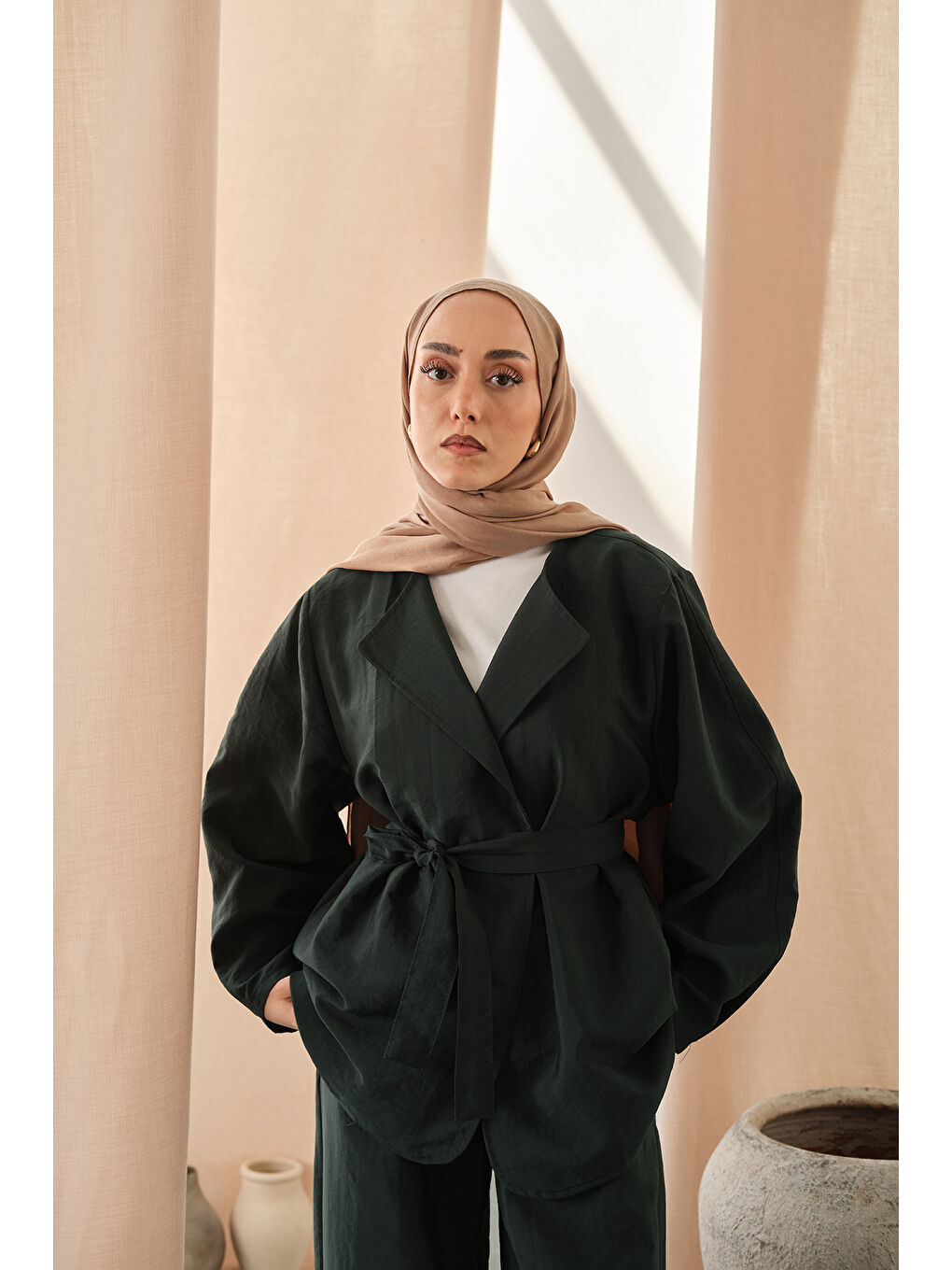 Kadın Bel Bağlamalı Kimono Takım Zümrüt Yeşil-1