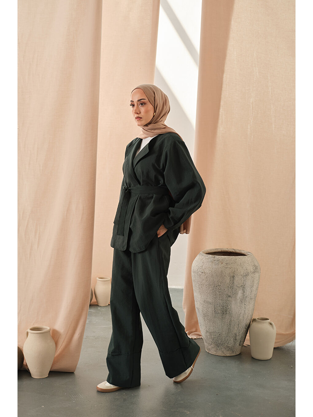 Kadın Bel Bağlamalı Kimono Takım Zümrüt Yeşil-2
