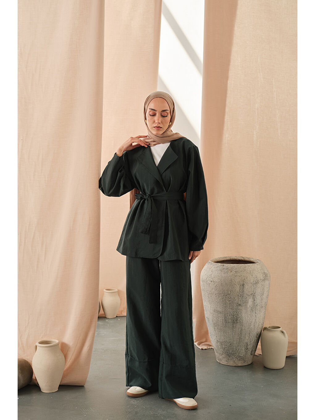Kadın Bel Bağlamalı Kimono Takım Zümrüt Yeşil-3