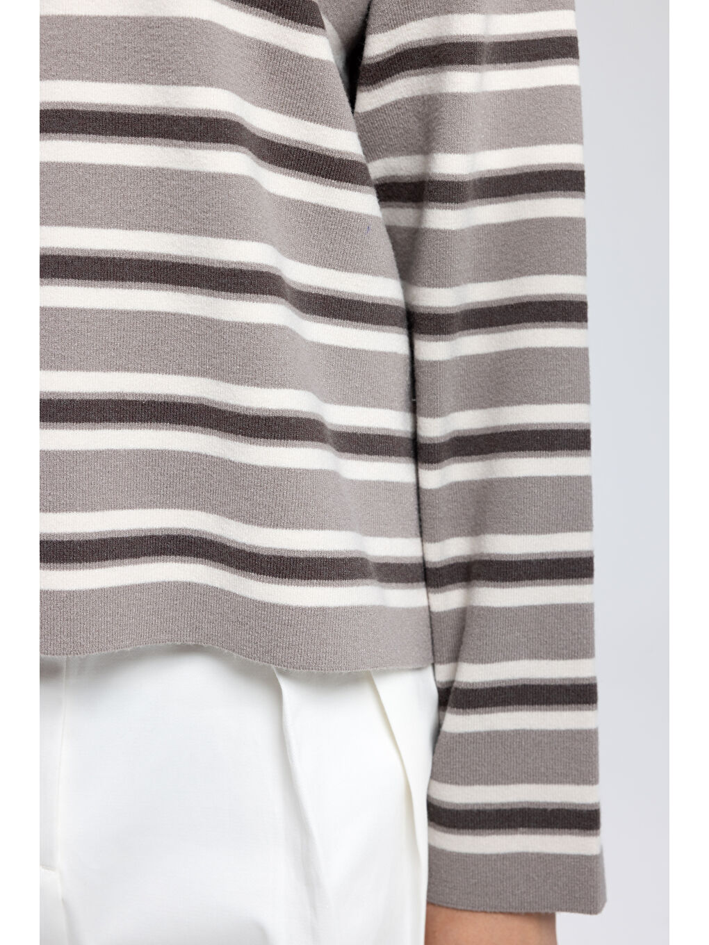 Bej Moss Çizgili Vizon Polo Yaka Triko Kazak-7