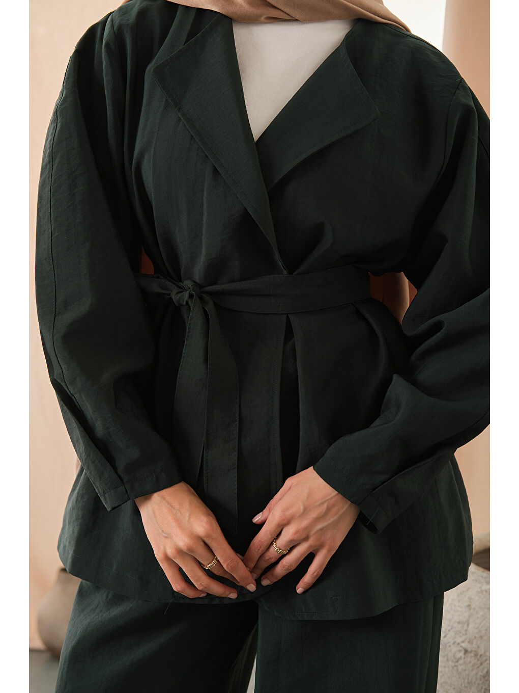 Kadın Bel Bağlamalı Kimono Takım Zümrüt Yeşil-4