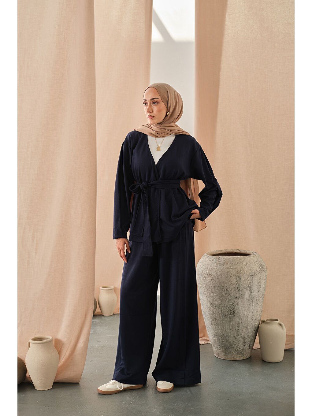 Kadın Bel Bağlamalı Kimono Takım Lacivert